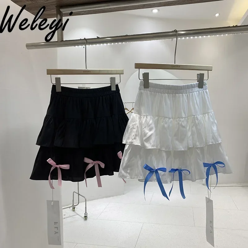 Jirai Kei Bow Ribbon Skirt Women's Summer Lotus Leaf Edge Splicing White Cake Skirts 2024 Korean Fashion High Waist Short Skirt