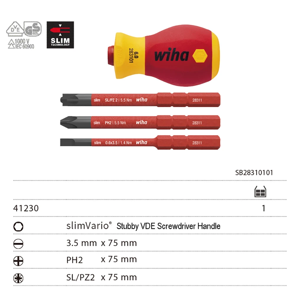 Wiha 41230 Stubby Screwdriver Set 1000v VDE Holder with 3 SlimVario Bits SL/PZ2, Slot 3.5mm, PH2