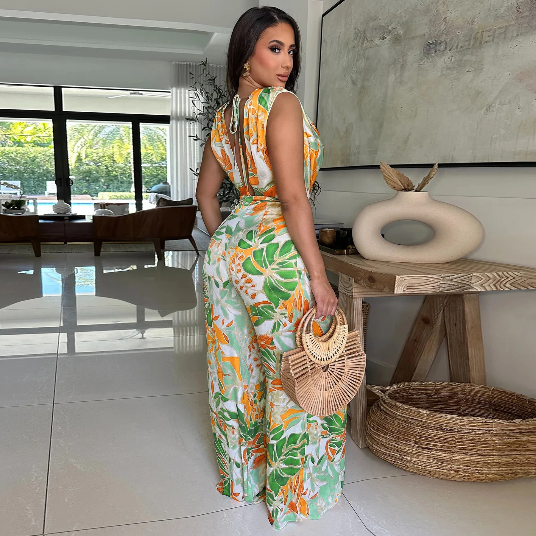 패션 여성 꽃 인쇄 빈티지 민소매 넓은 다리 점프 슈트 여름 해변 나이트 클럽 Playsuit 원피스 정장 Romper