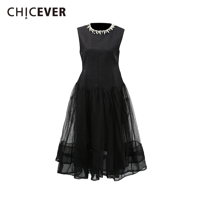 

CHICEVER Elegant Spliced Mesh Tutu Dress for Women O Neck Sleeveless High Waist Spliced Beading Slimming Midi Dresses Female New