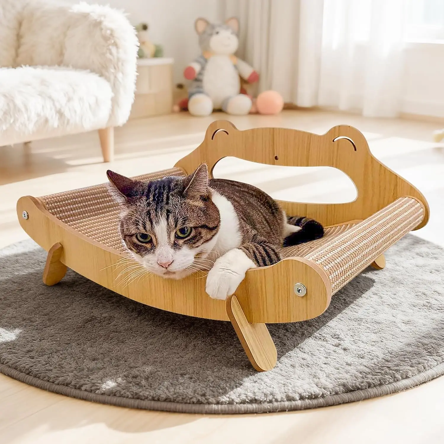 

Sisal Cat Scratcher Bed with Hammock, Solid Wood Frame Cat Scratch Pad & Lounger for Indoor Cats, Durable Natural Sisal