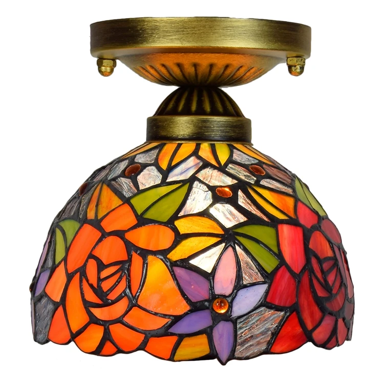 

8 Inch Retro Garden Red Rose Tiffany Stained Glass Round Ceiling Lamps Modern Design For Bedroom Hall Corridor Balcony Bar Light