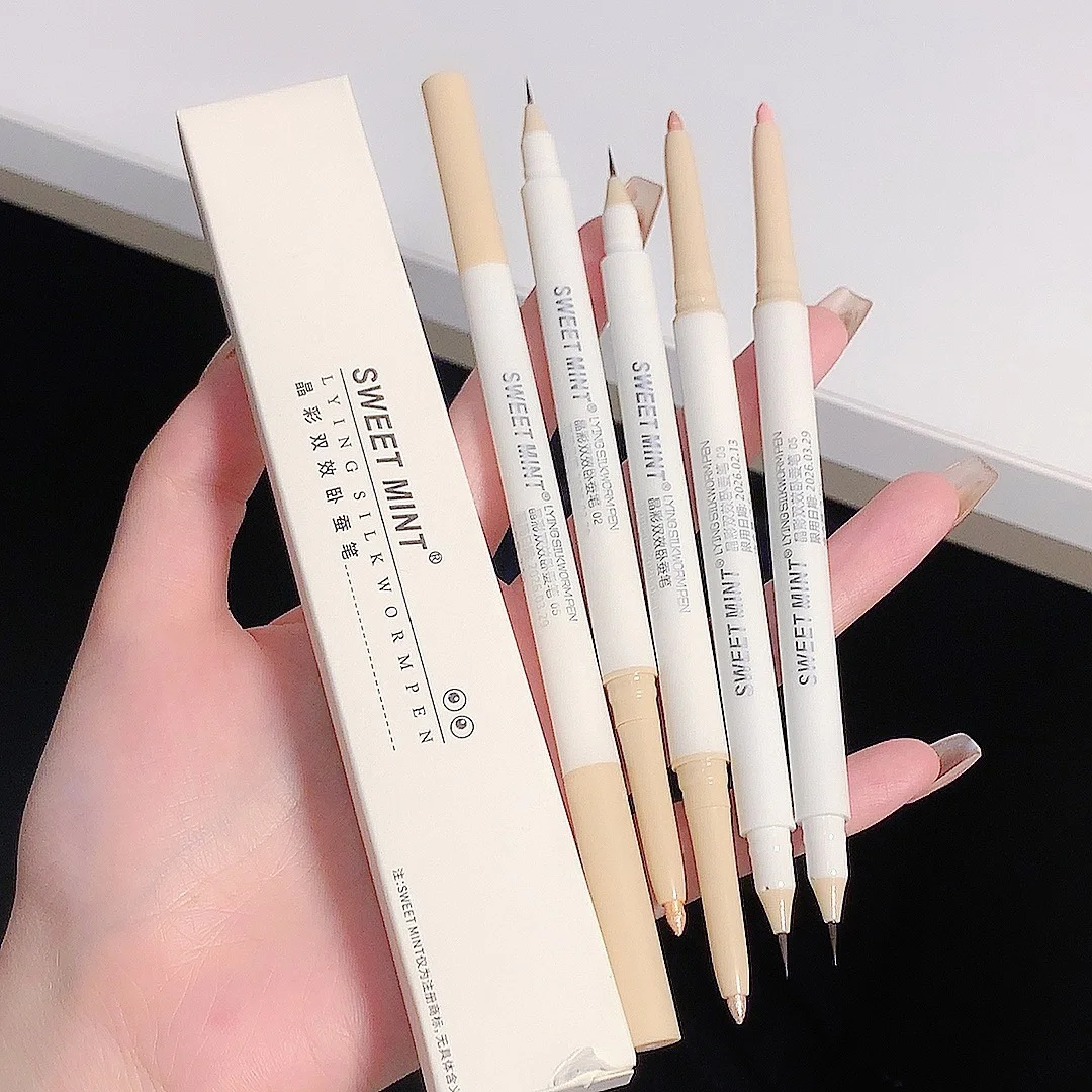 Pluma de maquillaje de ojos de doble cabezal, lápiz resaltador, delineador de contorno líquido desnudo, barra abrillantadora de ojos, bolígrafos de maquillaje multifuncionales, 2 uds.