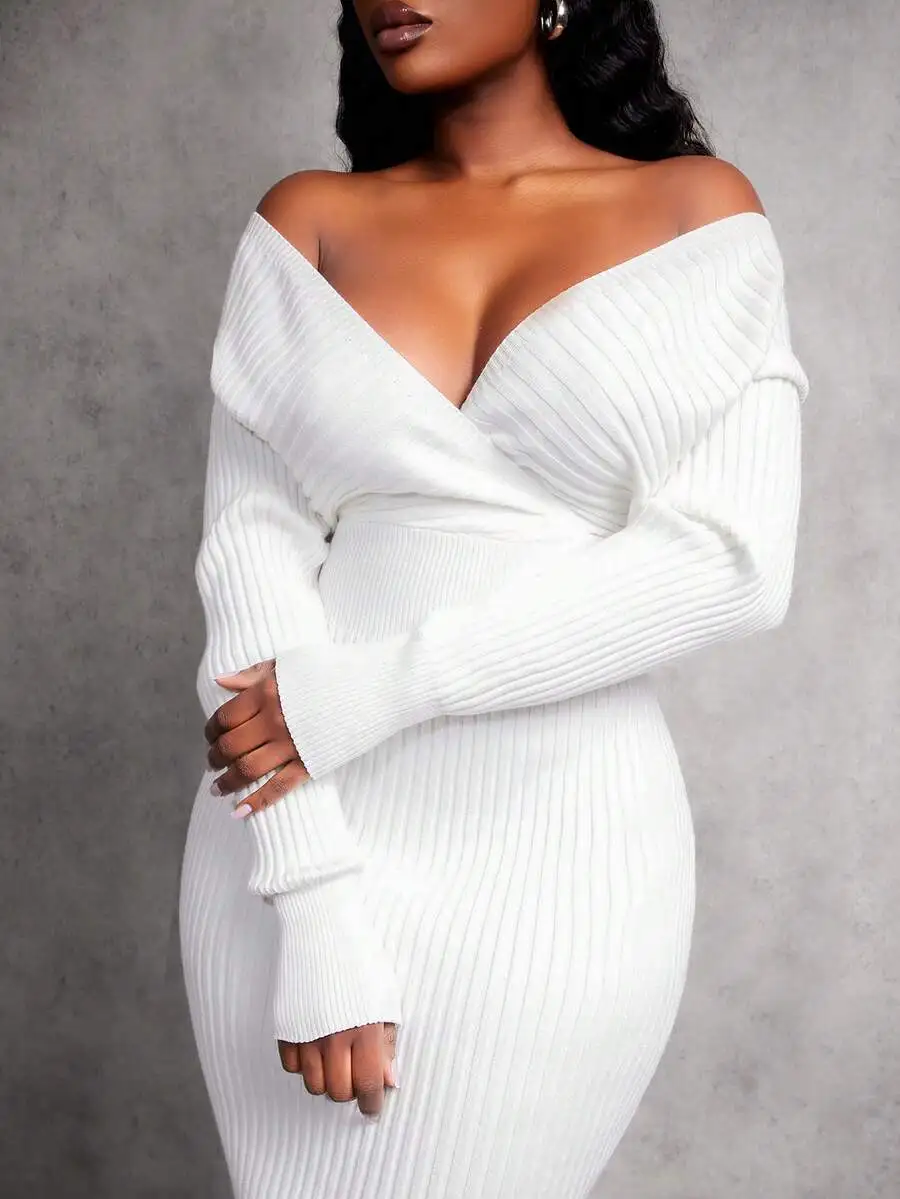 

White Off-Shoulder V-Neck Long Sleeve Ribbed Knit Bodycon Dress