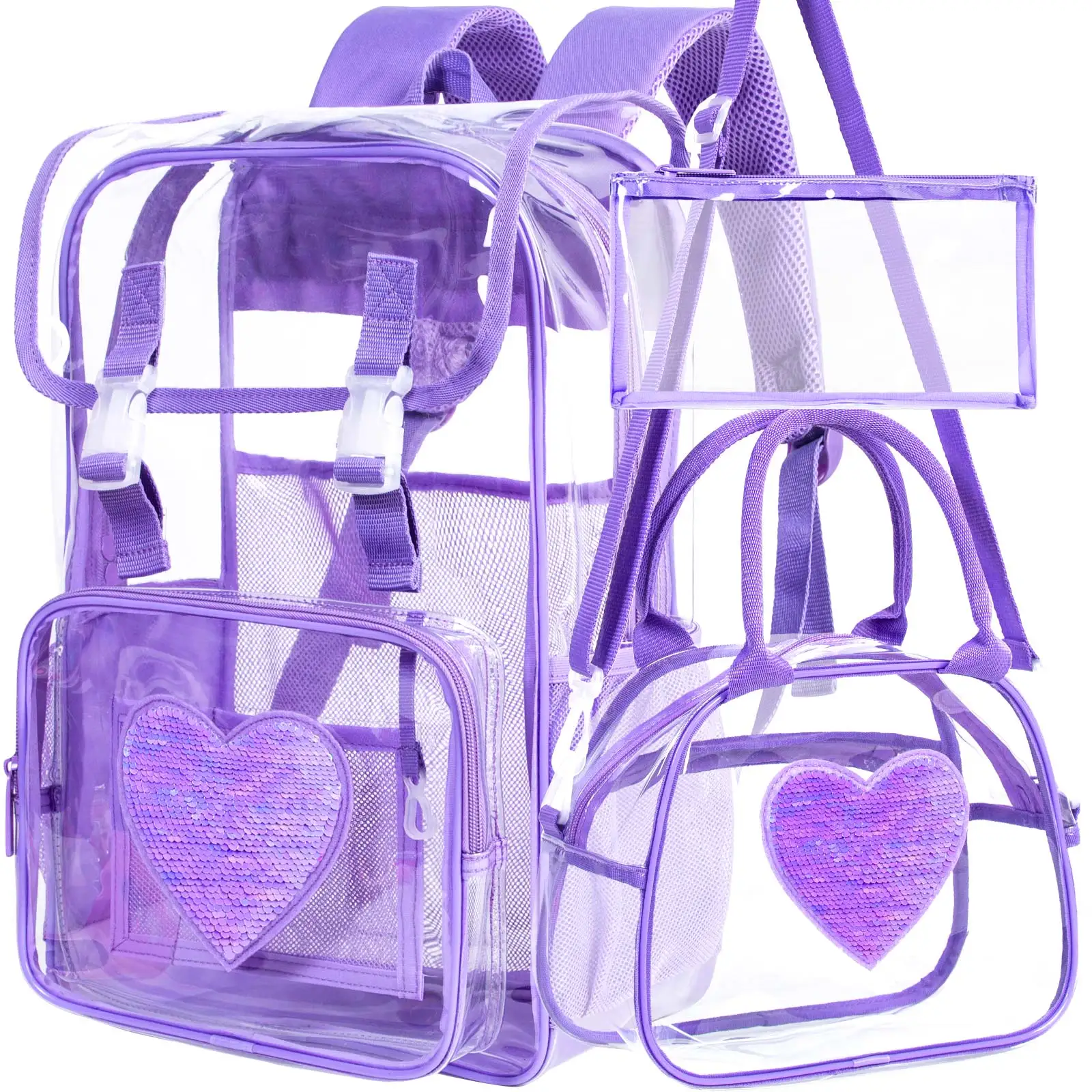 3PCS Kid's backpack Girls Sequin Heart Clear Zipper Handbag Pen Pouch School Backpack for School Birthday Gift