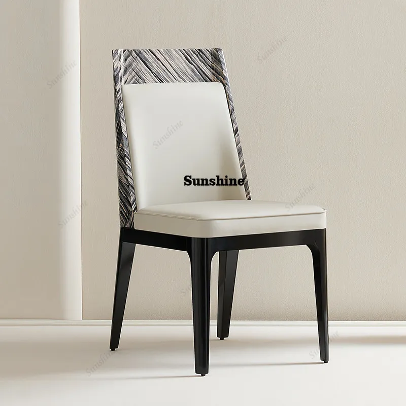 Italian light luxury high-brightness baking paint technology wood grain microfiber leather surface dining chair