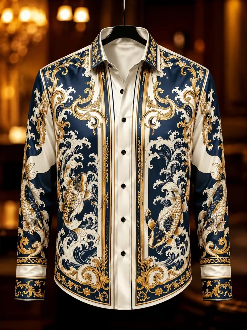 2026 European style court feather rolled grass printed long sleeved shirt with high-end satin slim fit men's lapel top