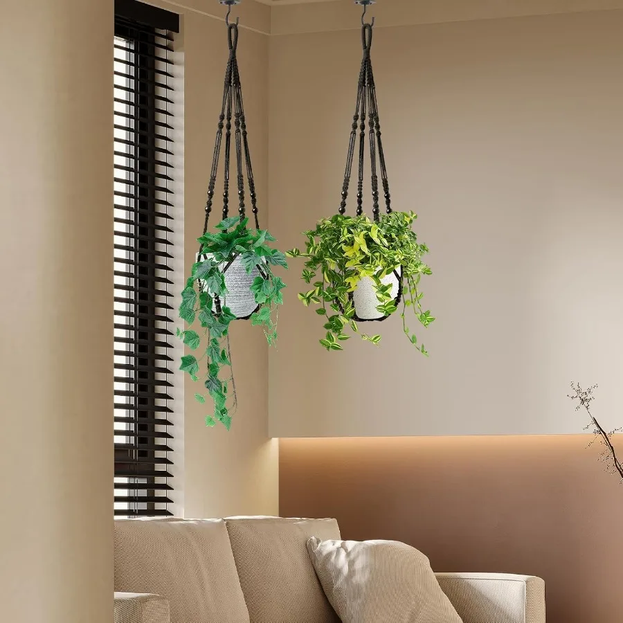 مجموعة شماعات نباتات مكرامية داخلية مكونة من 2 مع 4 خطافات لزراعة معلقة للاستخدام الداخلي والخارجي لحامل النباتات مع خرزات خشبية بدون T #6