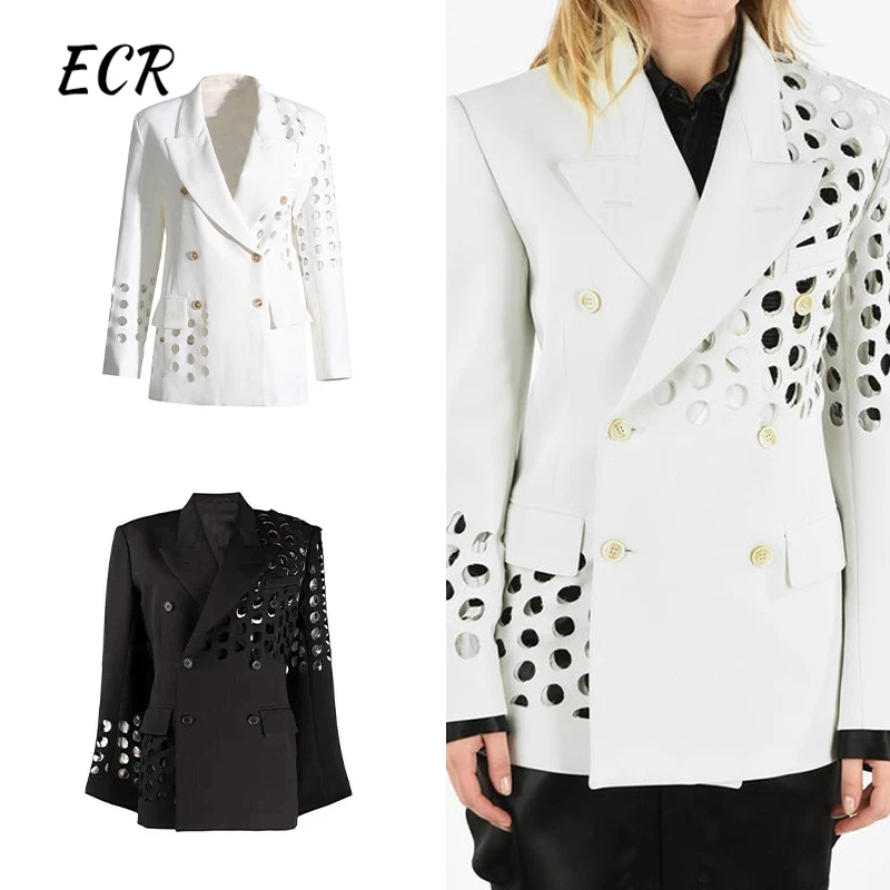 

ECR Solid Hollow Out Pstchwprk Pockets Blazers For Women Notched Collar Long Sleeve Spliced Pockets Casual Blazer Female Style