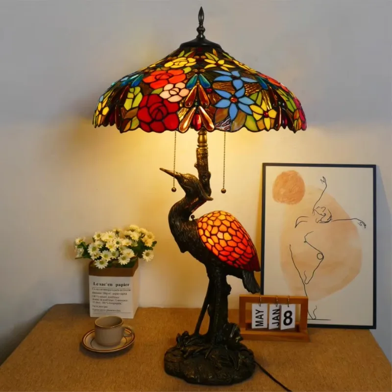 20 inch desk lamp stained glass dome lampshade resin base bedroom living room study hotel decorative night light
