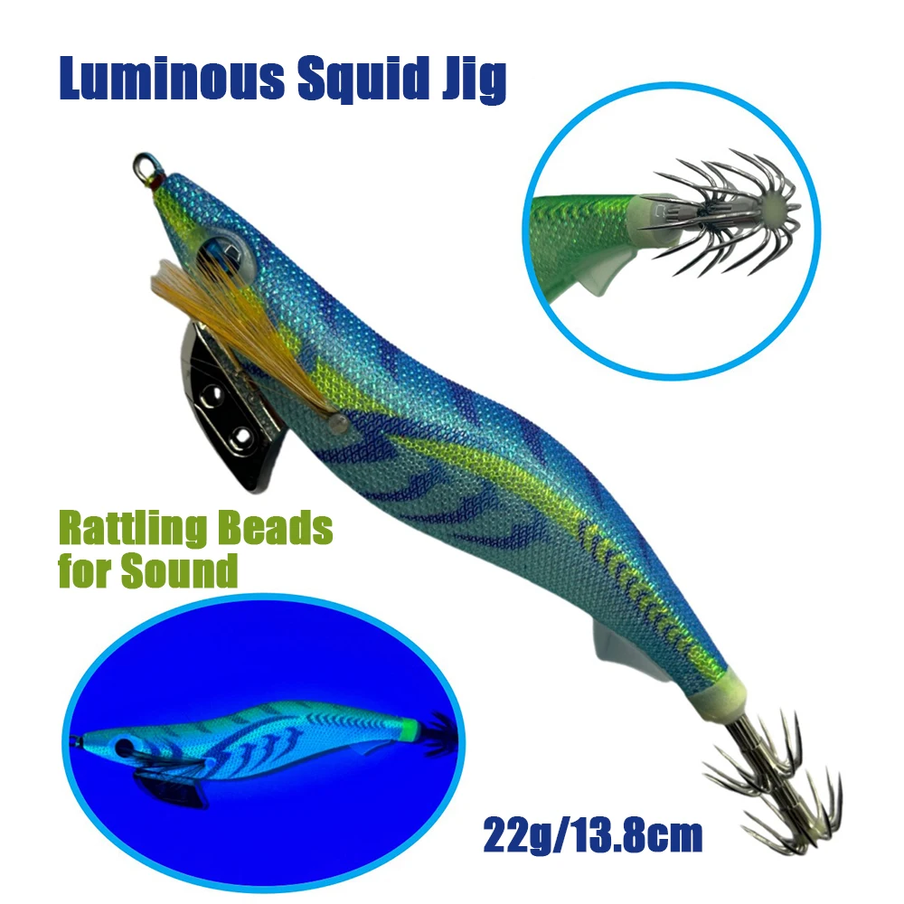 Isca de lula de camarão de madeira com brilho uv 13.8cm 22g isca de afundamento com contas de chocalho gancho reforçado equipamento de pesca de água doce de água salgada