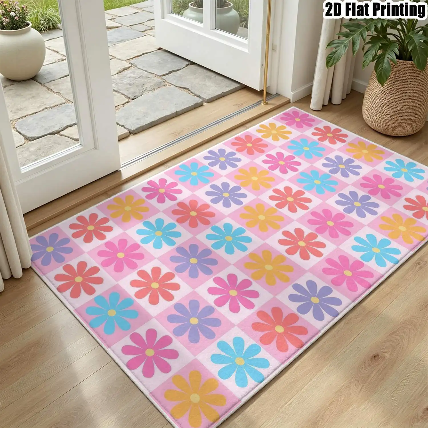 1Pc 2D Printed Velvet Carpet, Colorful Flower Patterns Nordic/Instagram/Modern Minimalist/European/Vintage Style, Home Decor, Multi-Size, Machine Washable, for Entrance, Dining, Foyer, Bedroom, Living Room.