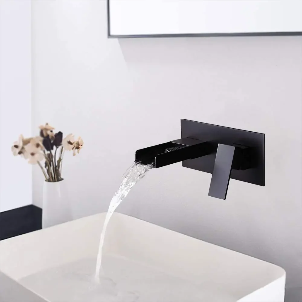 Wall Mounted Waterfall Bathroom Basin Sink Faucet 2 Hole 1 Handle  Matte Black/Chrome Brass Hot And Cold Water Mixer