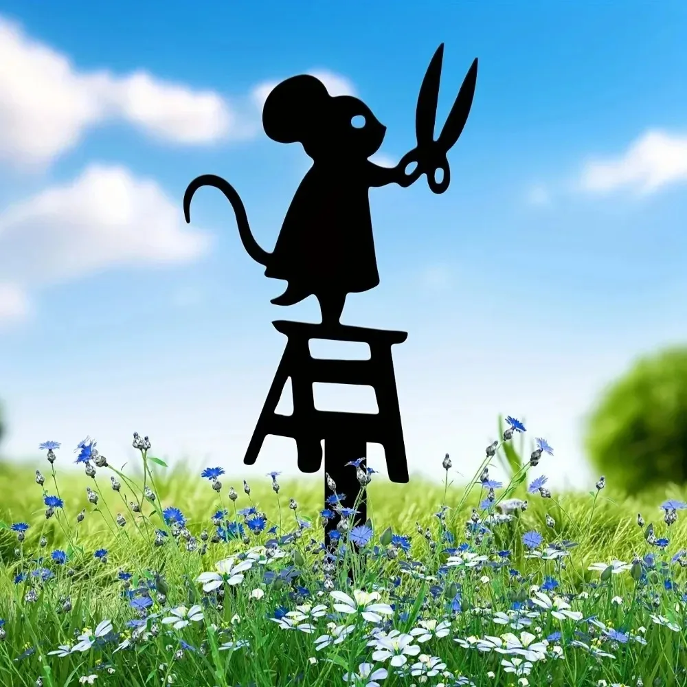 عمود حديقة معدني صغير آرت ديكو مع ماوس مقص - علامة الحديقة، ديكور منحوتة حيوانات إبداعية