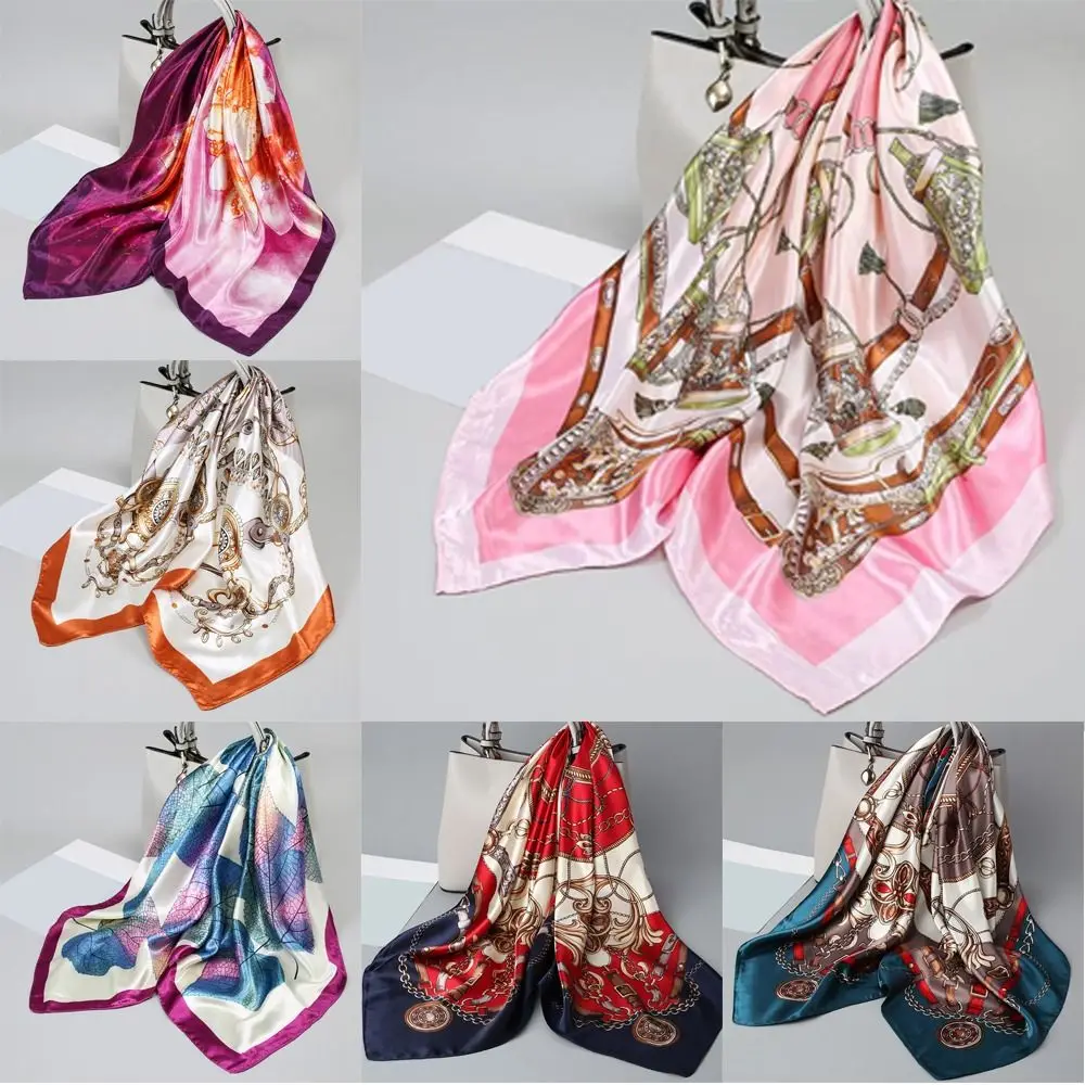 Fashion 90*90cm Women Square Scarf Imitation Satin Silk Flower Printed Bandana Scarf Luxury Hip Hop Head Scarf