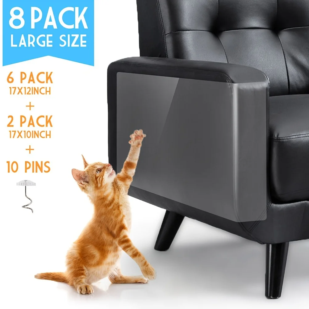 8 Pack Cat Furniture Scratch Guards Couch Protector Anti-Scratch Deterrent Pad Tape with Pins Clear