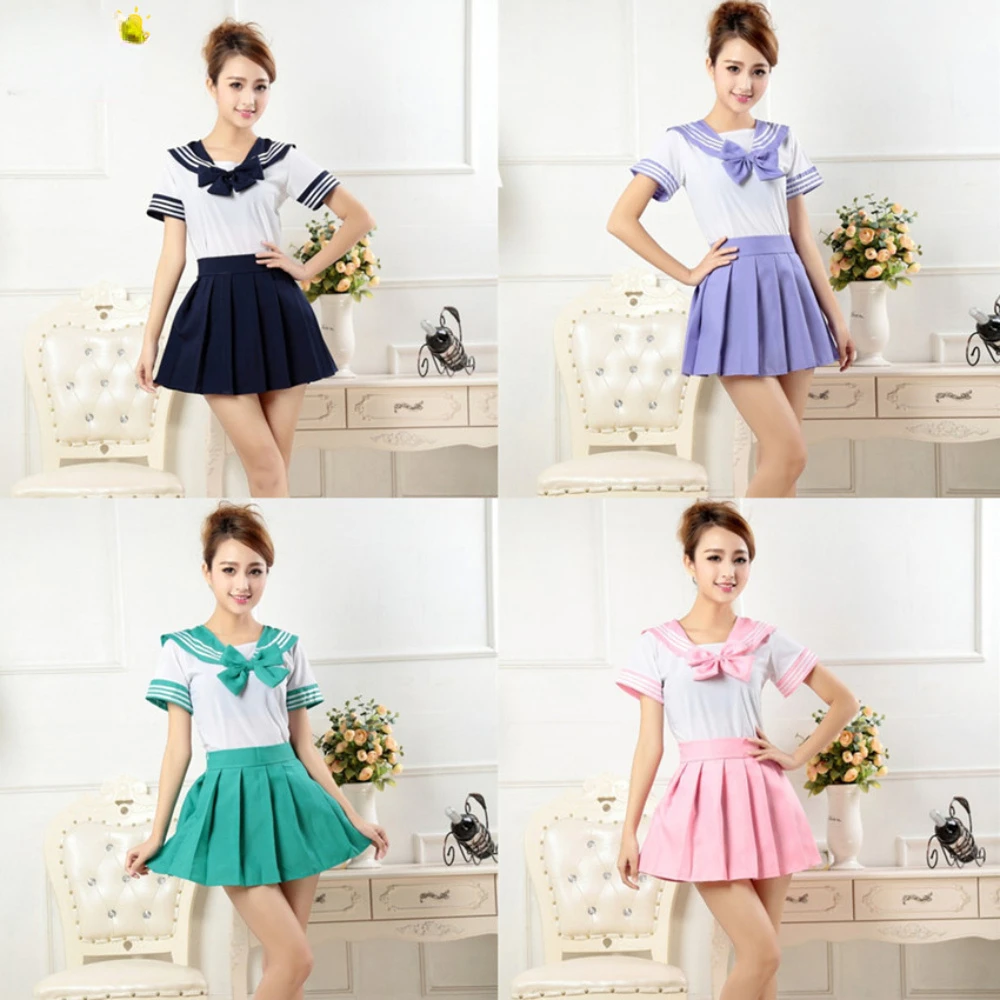 

2020 Women Japanese Style Student Girl School Uniform Sailor Shirt+pleated Skirt Set Knitted Woman Cosplay Costumes Sexy JK Suit
