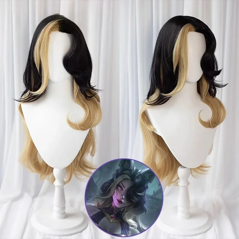 DY20Coven El zorro de nueve colas Ahri Cosplay Pelo sintético Glod Negro Peluca larga mixta25