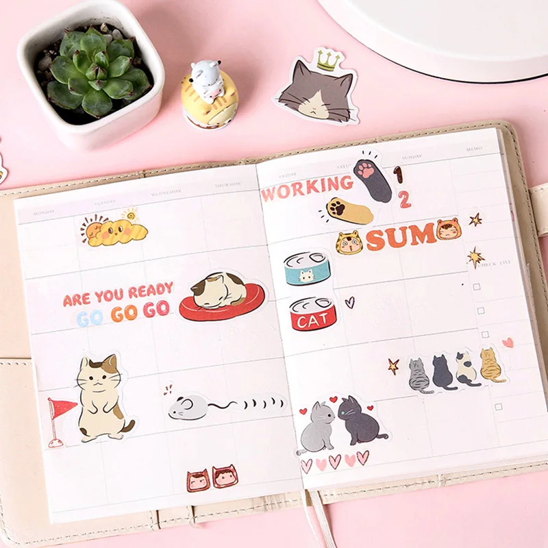 45 Pcs/Box Cute Cat Mini Paper Sticker Kawaii Diy Diary Album Scrapbooking for Decoration School Supplies Stationery Stickers