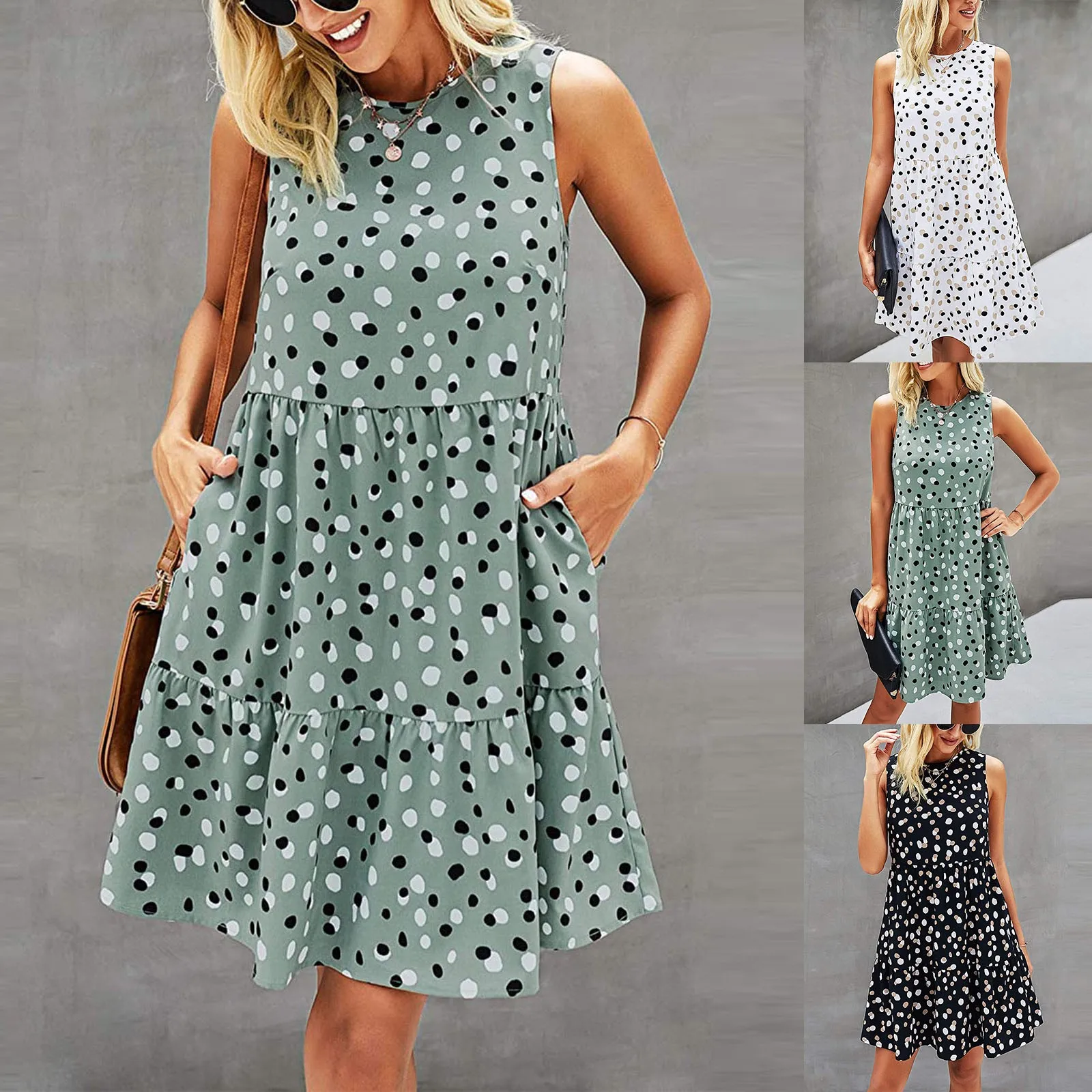 Summer Women Sundress O Neck Dots Print Sleeveless Large Hem Loose Knee-length Dress Ladies Office Holiday Party Female vestidos