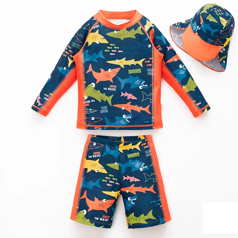 Baby Swimsuit Boy Shark Cartoon Pattern Printing 3 Piece Set Swimwear Sunscreen Drawstring Belt Trousers Long Sleeved Swimsuit