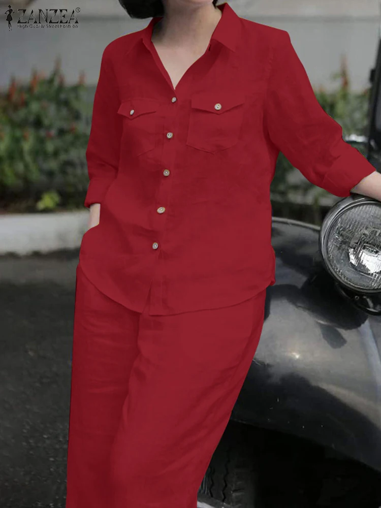 Elegant Women Autumn 2 Pieces Sets 2pcs Outfits Long Sleeve Shirt Loose Pants Sets 2025 ZANZEA Stylish Casual Solid OL Work Suit