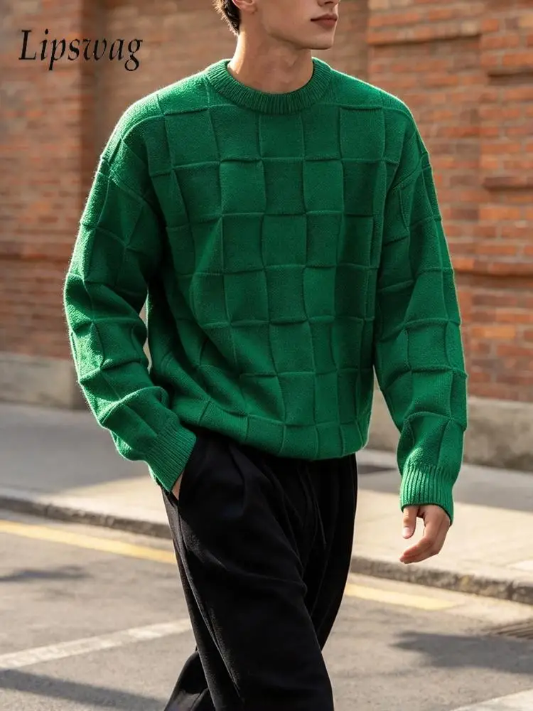 Daily Outdoor Square Texture Knit Pullover Mens Autumn Loose Jumper For Male Streetwear Vintage Solid Color Knitting Tops