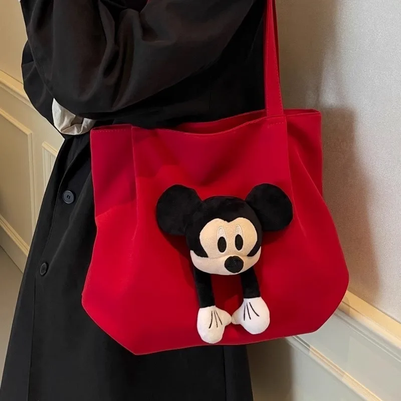 

New Disney Mickey Canvas Bag For Female College Students, Versatile Large Capacity Casual Simple Hand-Held Cartoon Shoulder Bag