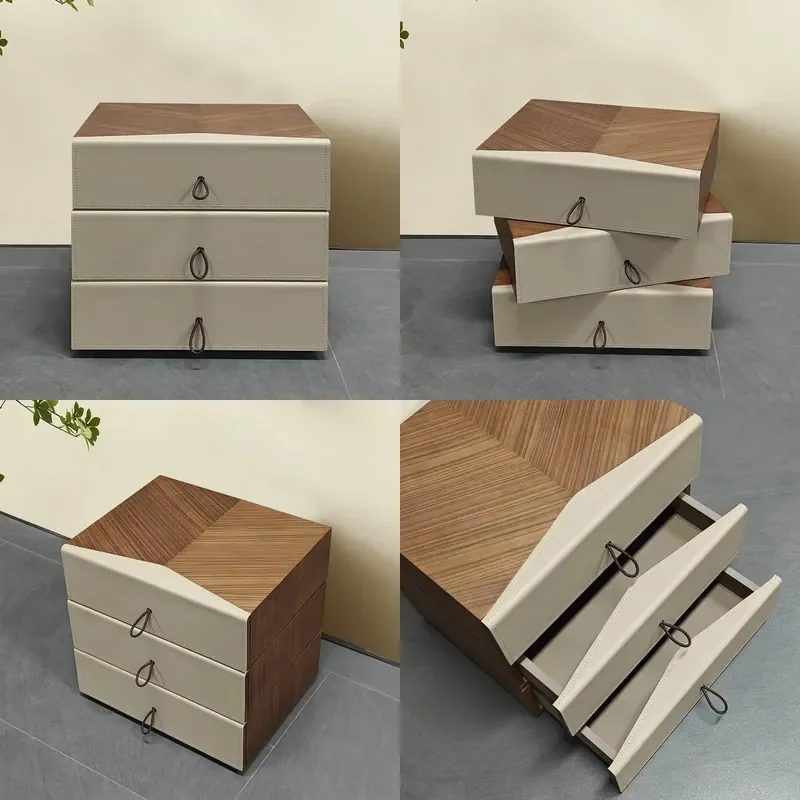 Rotating Solid Wood Nightstand Saddle Leather Envelope Cabinet 3 Drawer Bedroom Storage Furniture No Assembly Required