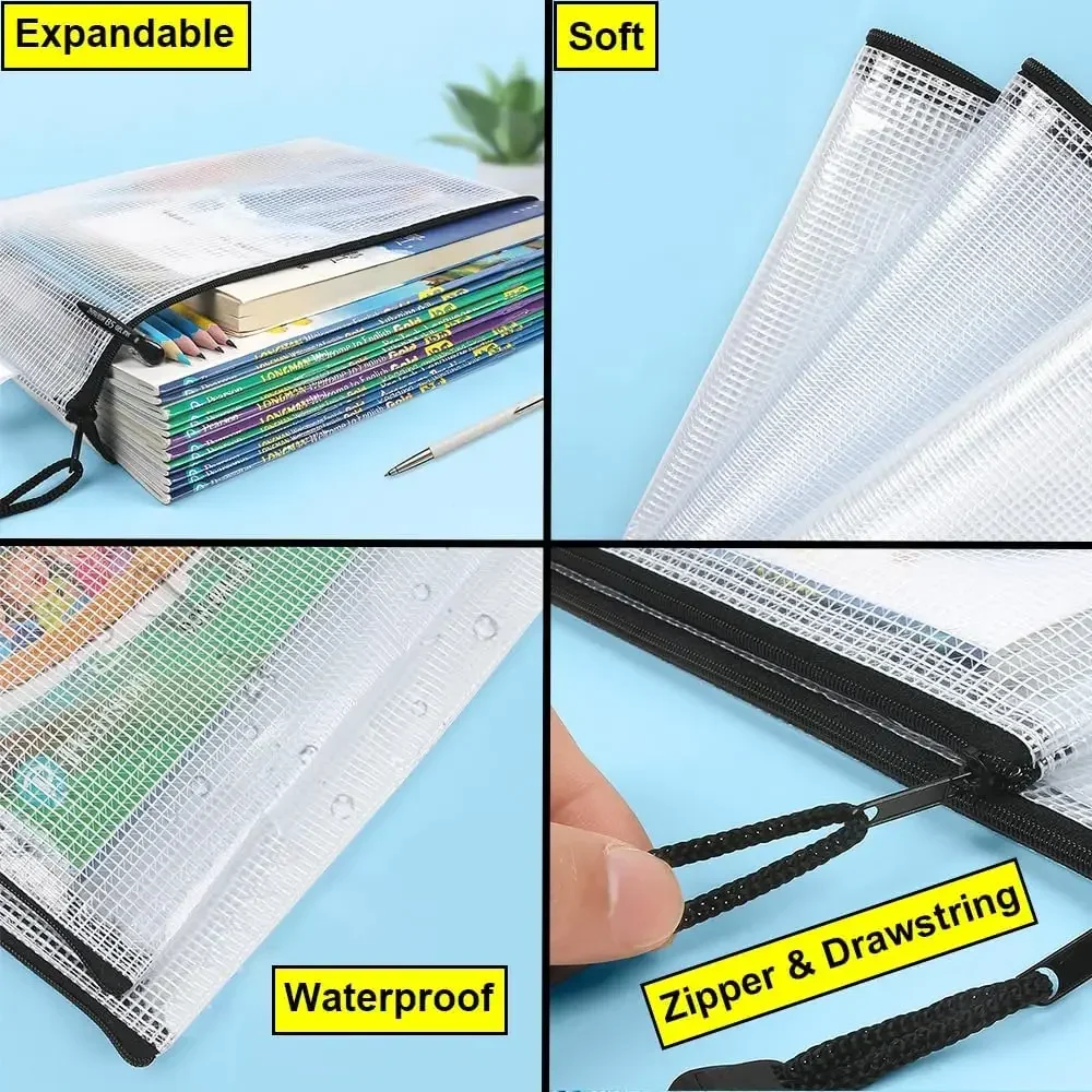 5pcs Transparent Zipper Storage Bag A3 A4 5 Plastic Mesh Waterproof Storage for Files Toys Stationery for Office Home Travel Use