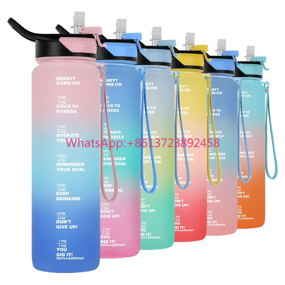 1L Gradient Color Motivational Water Bottle with Time Marker & Straw, Leakproof BPA Free Sports Water Jug for Gym, Hiking