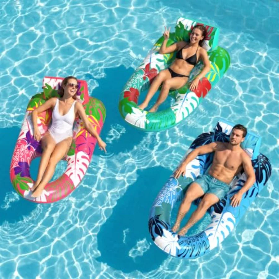 Adult Pool Floats: Heavy-Duty Vinyl, Blue, Extra-Large Inflatable Loungers with Detachable Cup Holders and Adjustable Backrest
