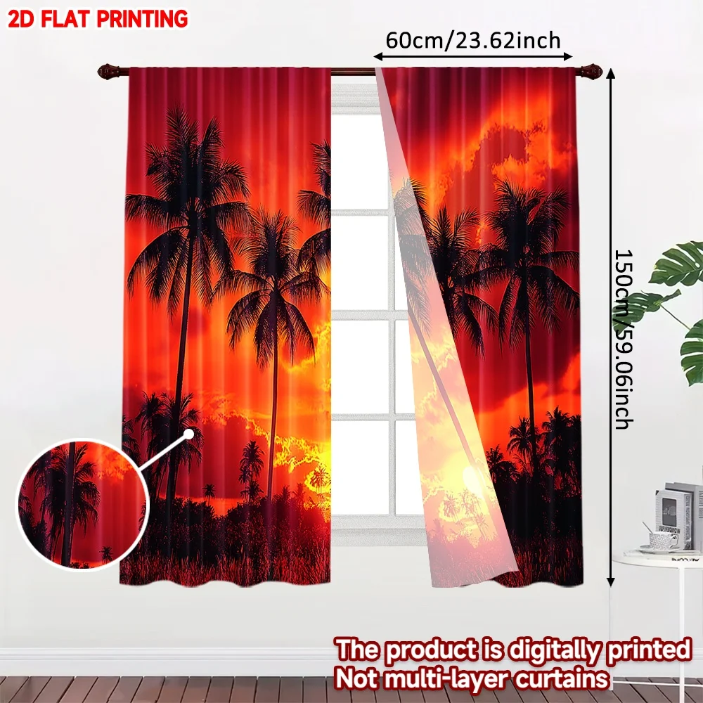 2D flat printing 2pcs Curtain Window Drapes Sunset Through Palm Trees Digital Printed Polyester Drapes All Season Party &