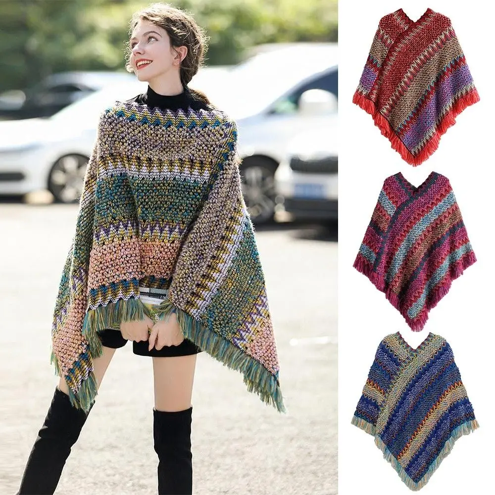 Soft Winter Warm Mongolian Poncho Ethnic Style Striped Knitting Wraps Polyester Knitted Cape Women Fashion