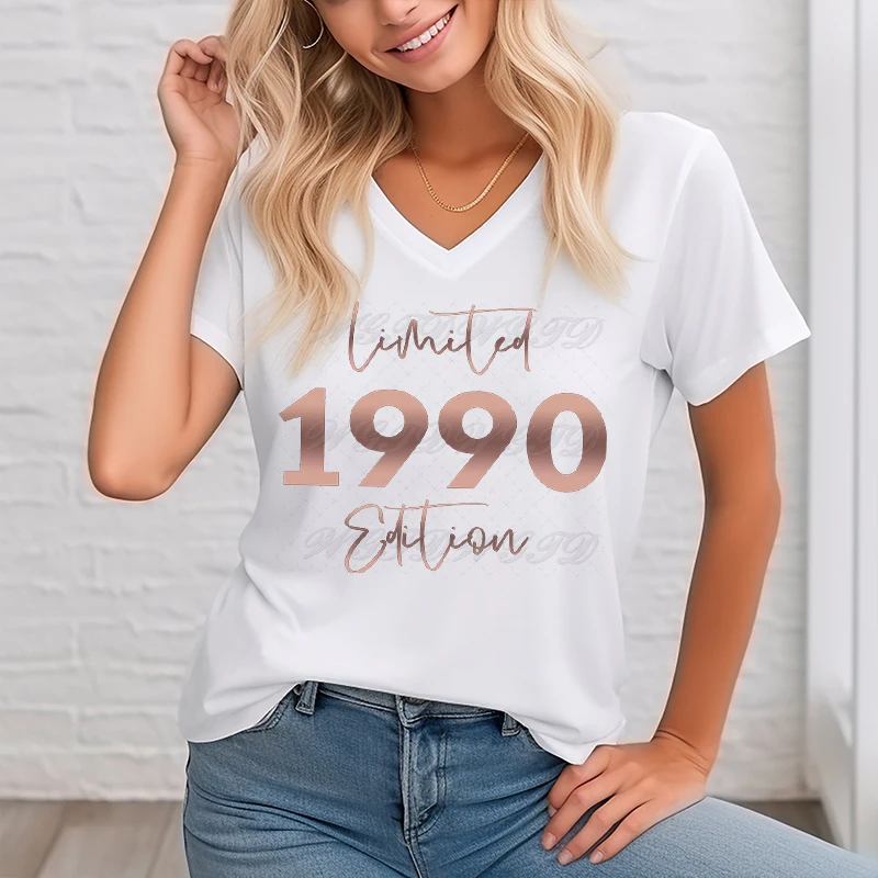 35th Birthday T-Shirt for Women Born 1990 To 1999 V-neck Short Sleeve Tee Shirt 1990 Limited Edition Print Fashion Summer Tops