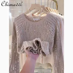 Women's Pullover Sweater 2023 Autumn Winter New French Fashion Idle Style High-end Long Sleeve Round Neck Streetwear Knitted Top