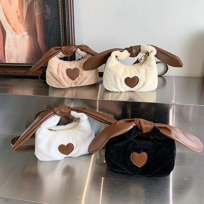 2025 Fall Winter Viral Heart Fur Bag Bunny Ears Handle Shoulder Bag Trendy Plush Crossbody Purse for Women Cute Cozy