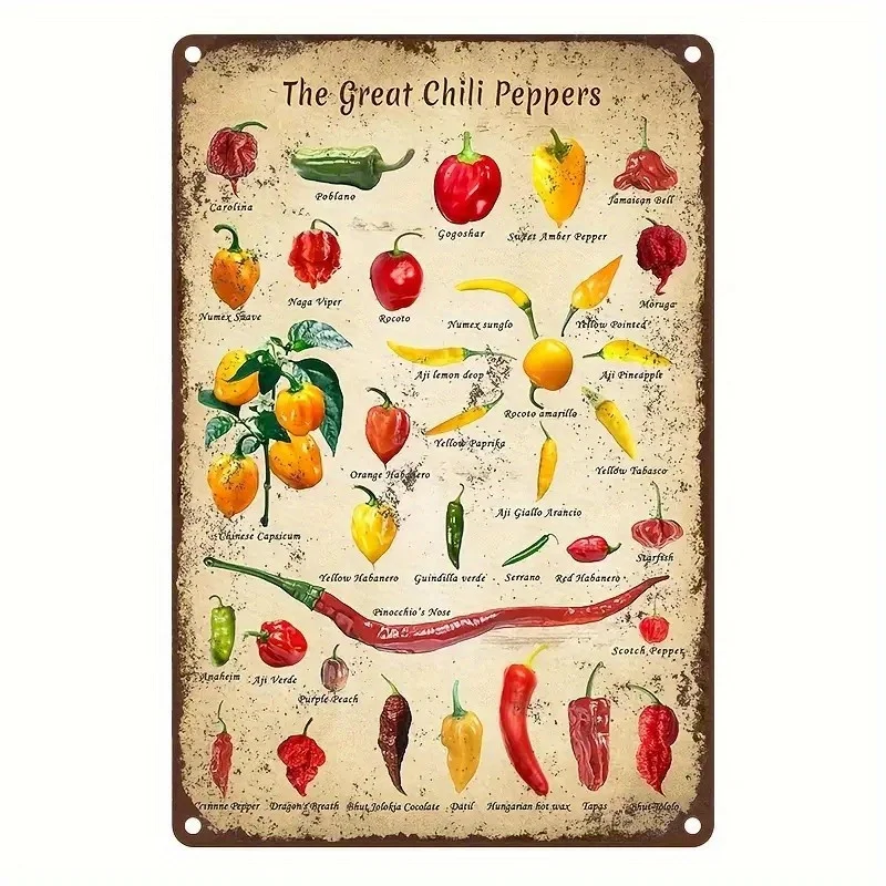 Vintage Metallschild - 'The Great Chili Peppers' Kochkarte, Wandkunst für Gewürzliebhaber, Küchendekoration für Köche, kein Strom erforderlich
