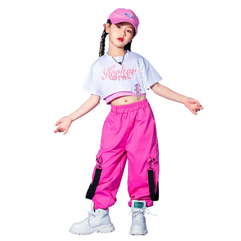 Ärmel rosa Tank Streetwear taktische Cargo hose für Mädchen Tanz kostüm Kind kpop Hip Hop Kleidung weiß Sweatshirt Ernte Top lang