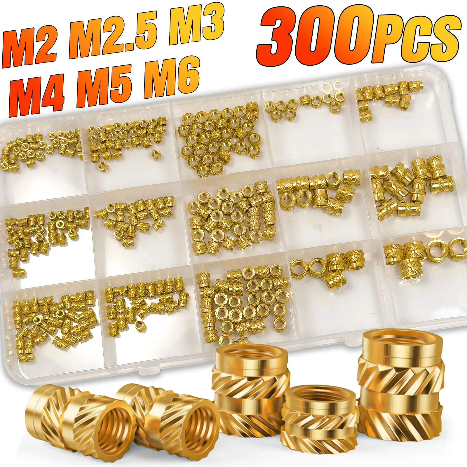 300PCS M2 M2.5 M3 M4 M5 M6 Brass Heat Set Inserts for 3D Printing, Knurled Threaded Nuts, Plastic Embedding Fasteners