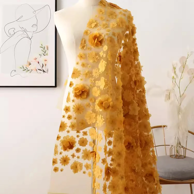 

1yard High quality lace fabric 3D floral embroidery tissu Dress skirt clothing accessories fabric for material