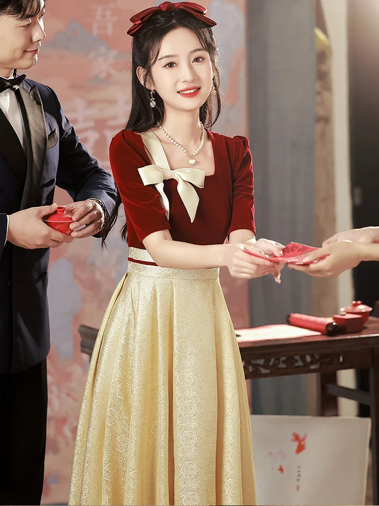 

Red Velvet Wedding Dr Square Collar ort Sve mid Waist Fit for Engagement Par Wedding Celebration Daily Wear