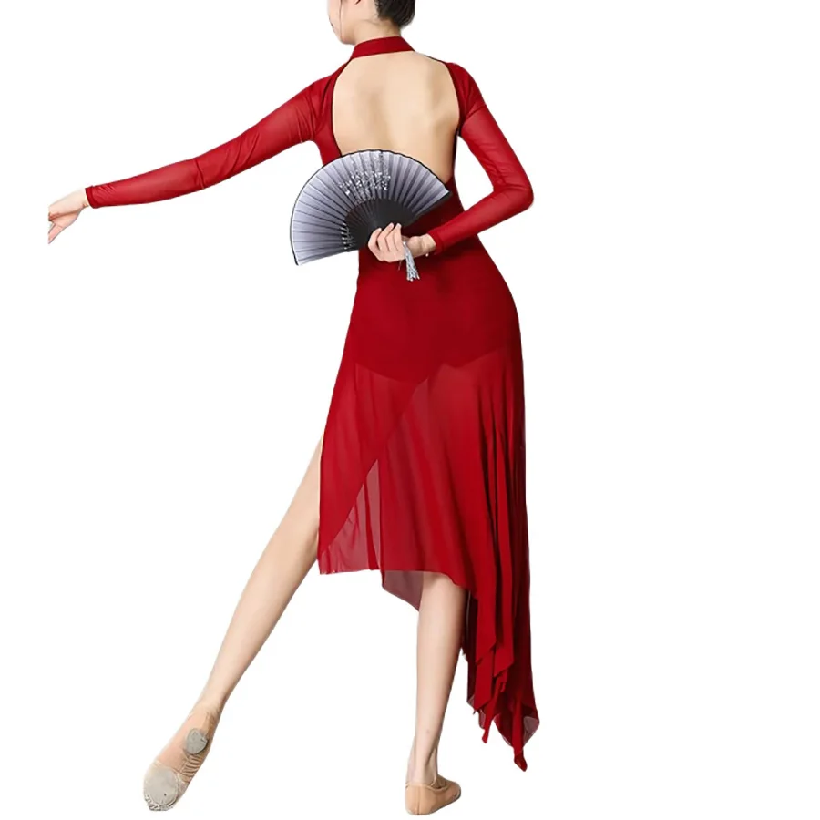 

Womens Lyrical Dance Dress Ethnic Style Cheongsam High Waist Slit Ballet Gymnastics Leotard Contemporary Performance Dancewear