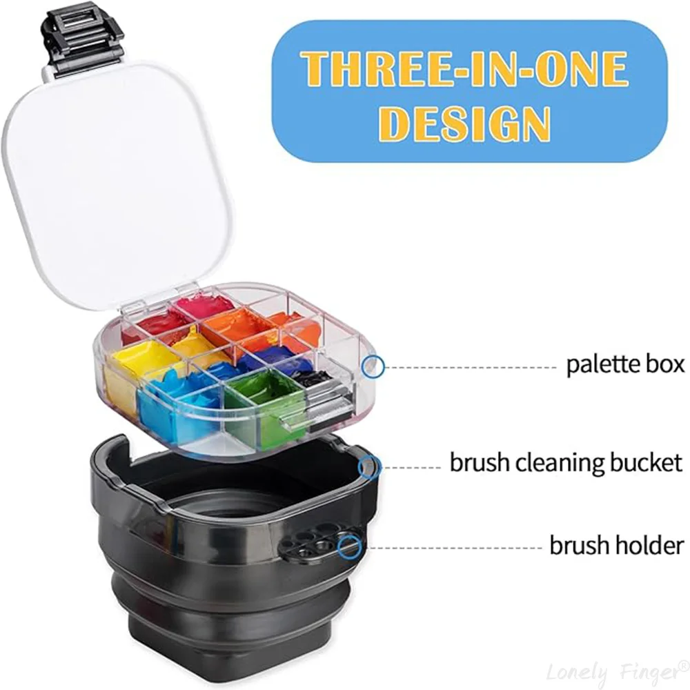 [NO Paints]16 Wells Paint Palette, Airtight Palette Storage Box with Lid and Folding Paint Brush Basin for Watercolor