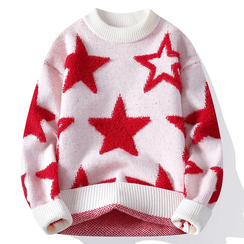 Men's White Pullover Star Design Round Neck Knitwear Soft Comfortable Oversized Autumn Winter Casual Pullover for Male