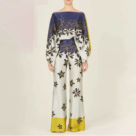 2025 Spring New Suit European and American Fashion Printed One Shoulder Loose Bat Sleeve Waist Wide Leg Pants Fashion Suit