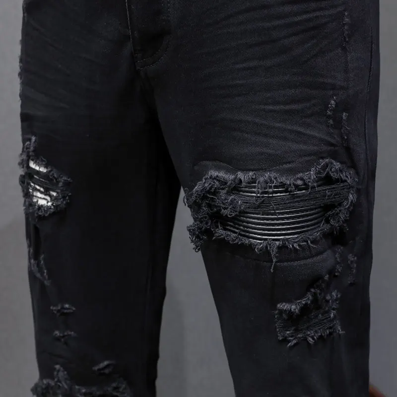 Diseñador europeo y americano moda de venta al por menor nuevos pantalones vaqueros negros para hombres estiramiento ajustado retro lavado parche de cuero jeans hip-h