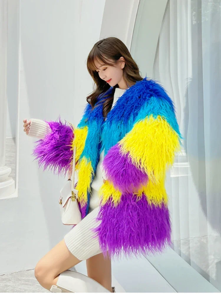 High Quality Autumn Winter Coat Women Luxury Women Rainbow Fluffy Faux Fur Coat Mid Long Oversize Ladies Coats and Jackets