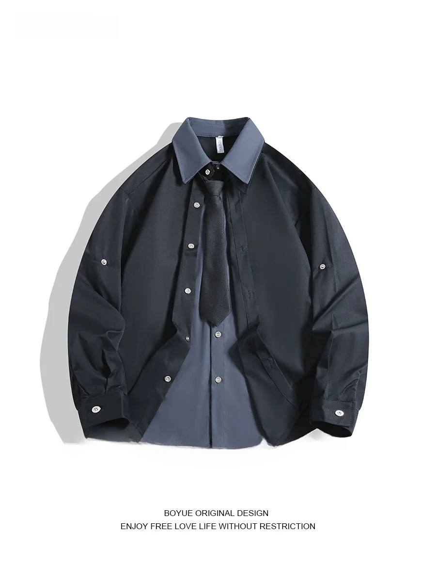 

Boyue Retro Sle Long Sve Casual irt Men's Haome Design False Two-Piece Loose Fit Polyester Youth Daily Wear