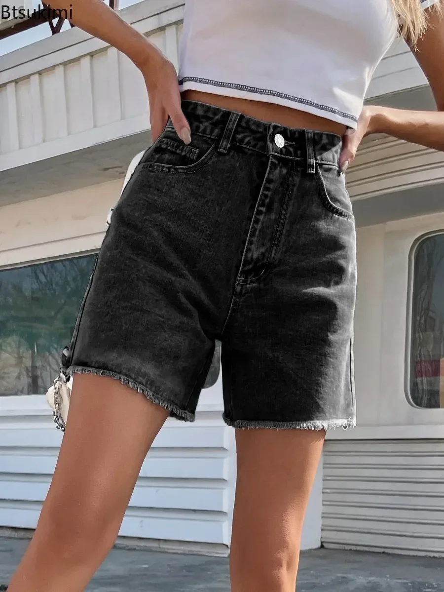 2024 Women\'s High Waist Denim Shorts Spring Summer Casual Female Loose Straight Button Jeans Bermuda Shorts Denim Short Female